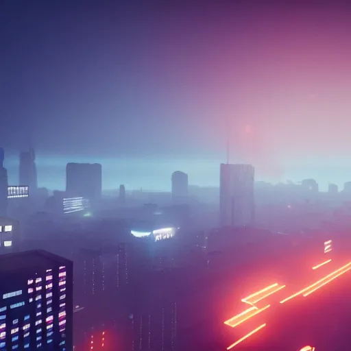 Prompt: sky shot of a blade runner 2 0 4 9 city covered with fog, highly detailed, photorealistic portrait, bright studio setting, studio lighting, crisp quality and light reflections, unreal engine 5 quality render