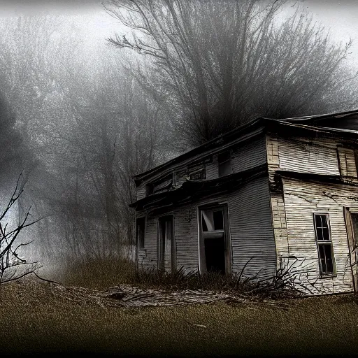 Image similar to a man's shadow near the dilapidated house in the wilderness, fog, digital art