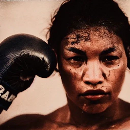 Image similar to close up portrait of woman boxer after boxing with brews blood sweating, photography photojournalism, very grainy image, 80mm lens, close up portrait polaroid