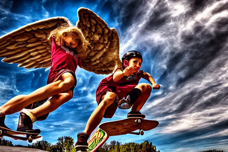 Image similar to angels skateboarding in heaven, 4 k hdr, high resolution, smooth, sharp focus, award - winning photo