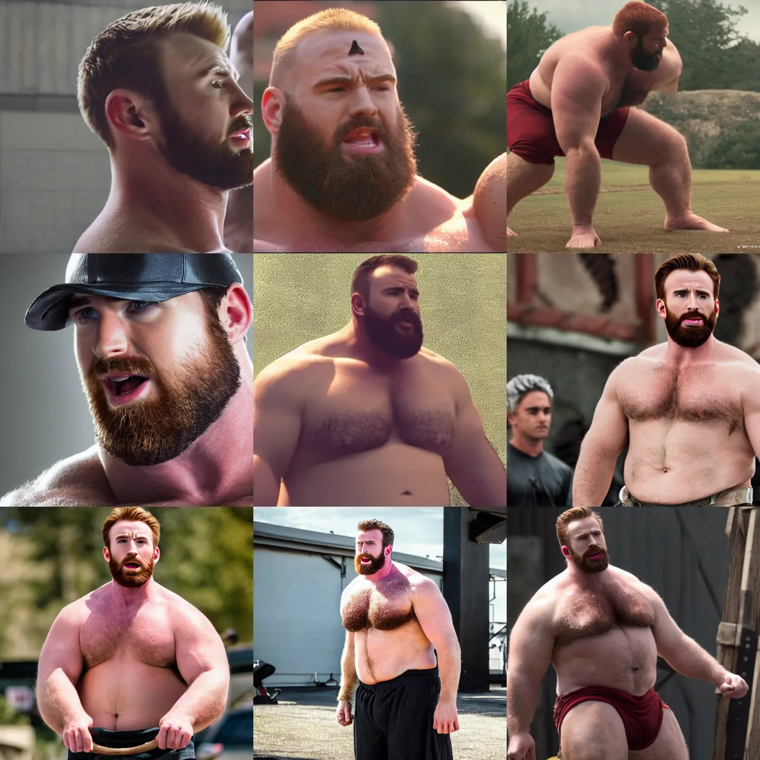 Prompt: chris evans as a big burly padded strongman, side profile, 4 k hd