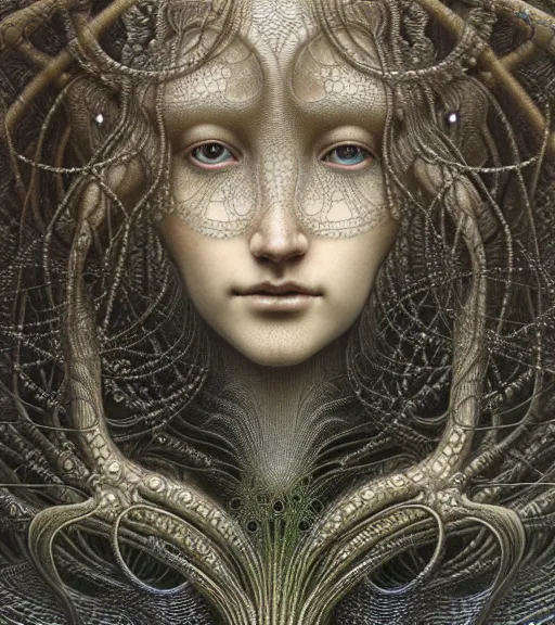 Prompt: detailed realistic beautiful rain goddess face portrait by jean delville, gustave dore, iris van herpen and marco mazzoni, art forms of nature by ernst haeckel, art nouveau, symbolist, visionary, gothic, neo - gothic, pre - raphaelite, fractal lace, intricate alien botanicals, ai biodiversity, surreality, hyperdetailed ultrasharp octane render