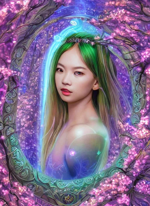 Image similar to portrait of Lalisa Manobal as a Celestial Goddess of a futuristic pearlescent holographic, inside future fighter, sci-fi, fantasy, intricate, lush garden spaceship with sakura season flowers in Kyoto Japan, elegant, human anatomy, royal green and nature light, highly detailed, digital painting, artstation, concept art, smooth, sharp focus, illustration, art by tian zi and WLOP and alphonse mucha, masterpiece, 3d blender