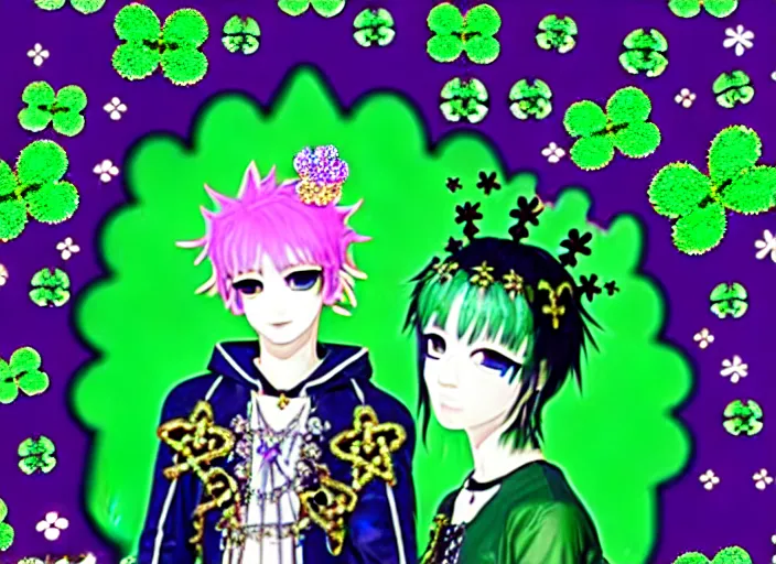 Image similar to baroque bedazzled gothic royalty frames surrounding a hologram of decora styled green haired yotsuba koiwai wearing a gothic spiked jacket, background full of lucky clovers, crosses, and shinning stars, holography, irridescent