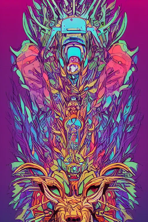 Image similar to animal mask totem roots flower tribal feather gemstone plant wood rock shaman vodoo video game vector cutout illustration vivid multicolor borderlands comics by josan gonzales and dan mumford radiating a glowing aura