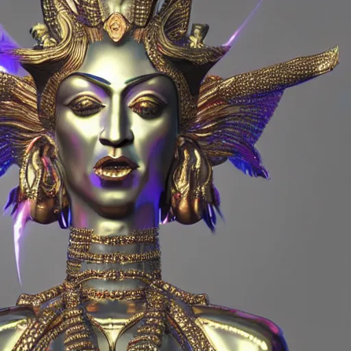 Prompt: a full body madonna statue made of iridiscent metal inspired by the looks of vishnu, very detailed, unreal engine 5, made for an art gallery 3914704639
