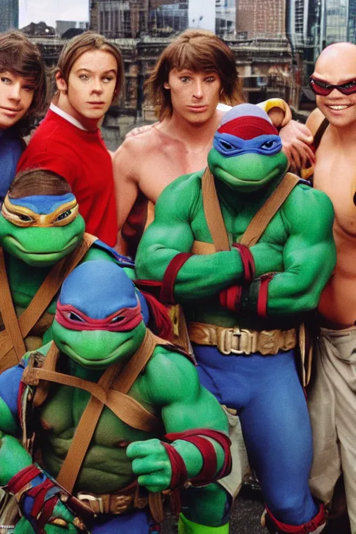 Image similar to Teenage Mutant Ninja Turtles as early 2000s boysband, realistic, photo, human-like