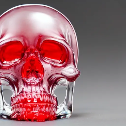 Image similar to transparent half filled with turbulent red liquid inside in a leaking transparent skull