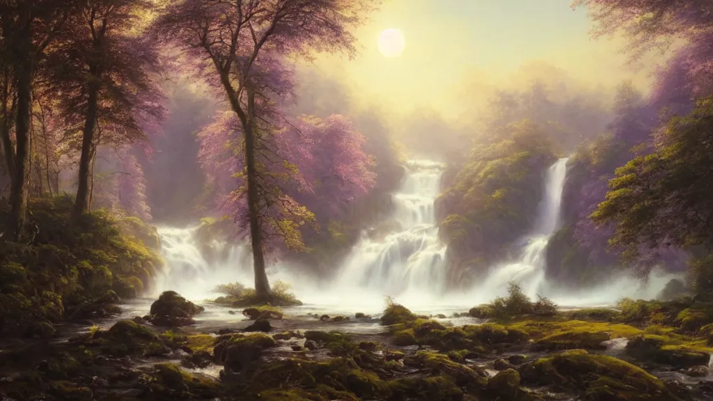 Prompt: the most beautiful panoramic landscape, oil painting, where a giant dreamy waterfall creates a river, the trees around are starting to bloom in purple colors, a majestic deer is in close - up and it is exhaling steam, the ray lights of the sunrise are brightening him, by greg rutkowski