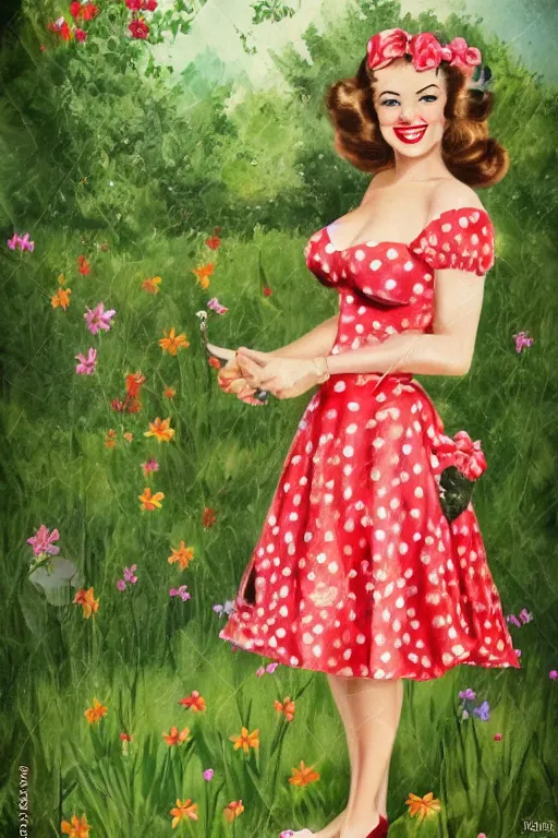 Image similar to a full view portrait of a beautifull woman, wearing a dress,with a beautifull smile,a garden background.in american style pin up.anatomically correct