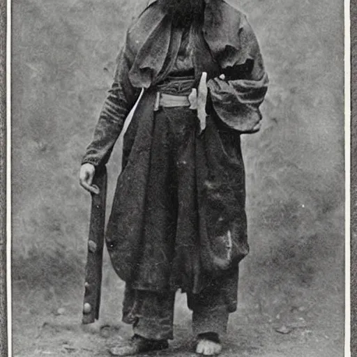 Image similar to hermit alchemist wearing scary clothing, 1900s photograph