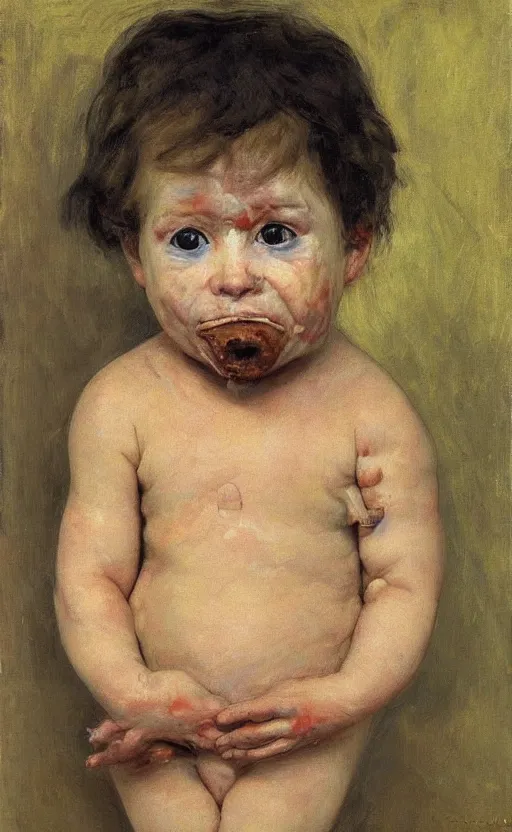 Image similar to baby with a adult face of Putin eating used up diapers covered in brown substance, Putin face of fear, ugly body painted by Lucian Freud, Ilya Repin