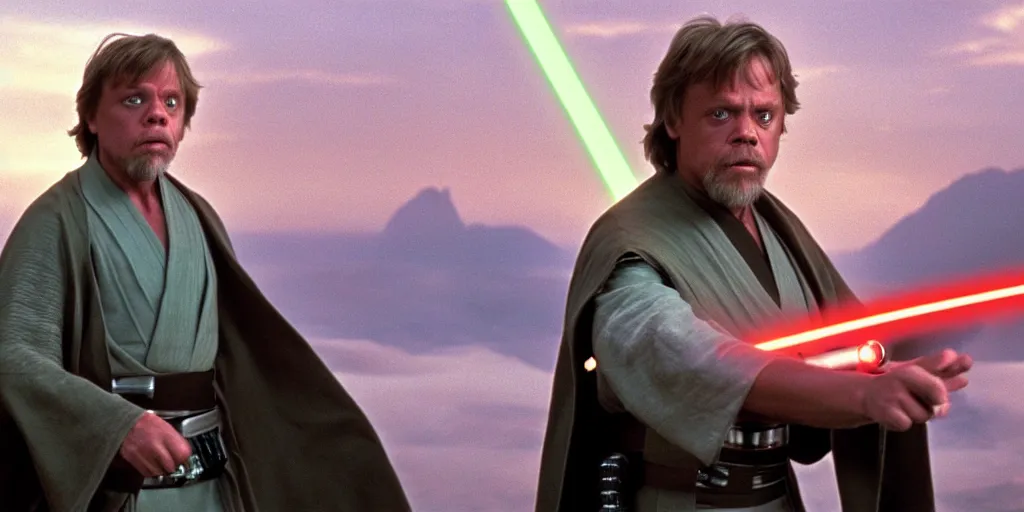 Image similar to A full color still of Mark Hamill as Jedi Master Luke Skywalker having a lightsaber fight with Sith Lords, with large windows showing a sci-fi city outside, at dusk at golden hour, IMAX, wideshot, from The Phantom Menace, directed by Steven Spielberg, 1997