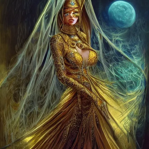 Prompt: a full body beautiful woman wearing a niqab made of silk with golden jewelry and diamonds by alex gray and android jones, karol bak, ayami kojima, arabian, concept art, fantasy