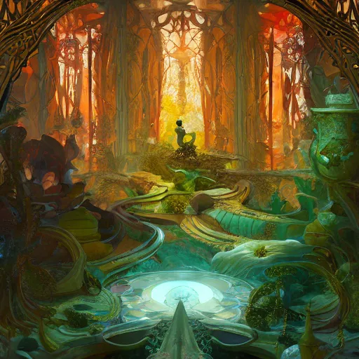 Prompt: dreamlike primordial garden fantasycore, glossy painting, Art Nouveau Cosmic 4k Detailed Matte Illustration featured on Getty Images ,CGSociety, Jade and Carrot orange color scheme, Pastiche by Marc Simonetti, Pastiche by Cedric Peyravernay