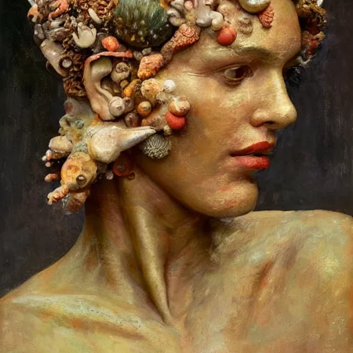 Prompt: a sculpture portrait made of shells and coral and sand and seaweed, painting part by wojciech siudmak, part by ilya repin, part by max ernst, part by norman rockwell, artstation