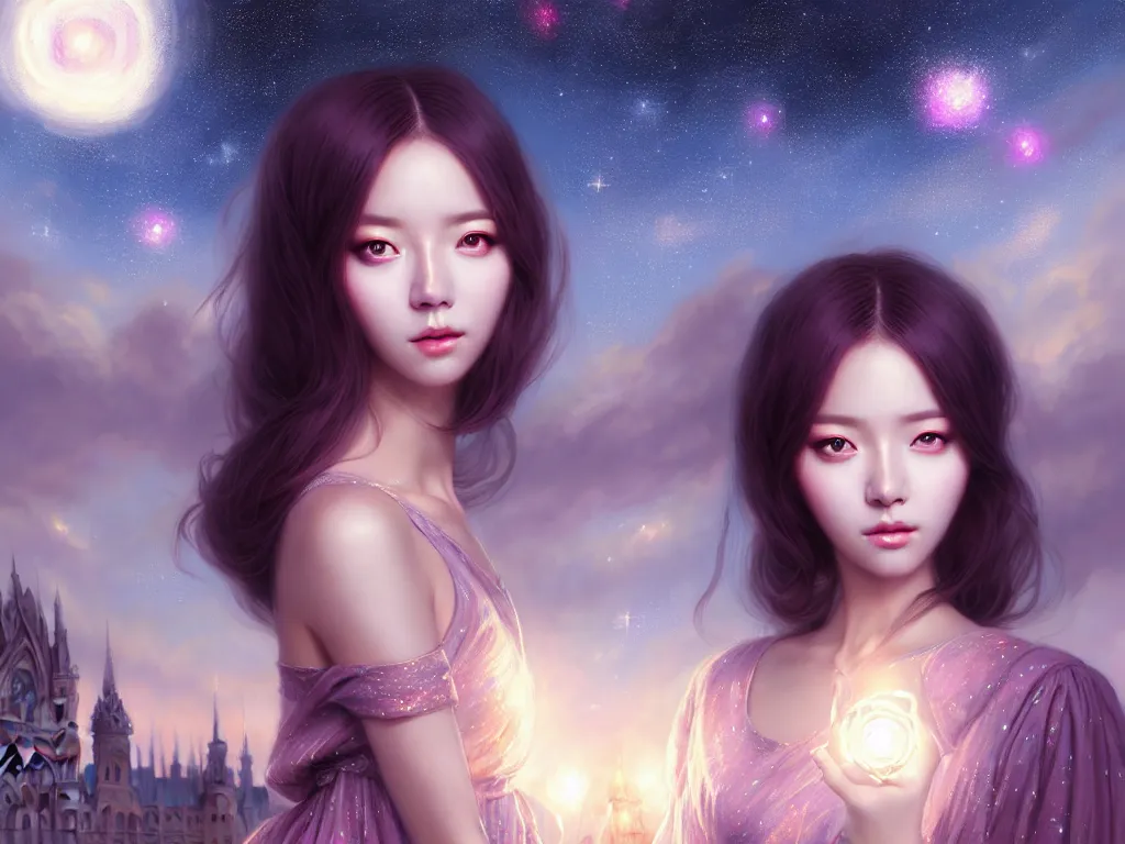 Prompt: masterpiece portrait charming and miracle female astromancer lifestyle accessories in dreamlike movie, kpop, luxry dress, high detailed face, art by artgerm, greg rutkowski, macoto takahashi, big major starry sky and city in background, maximalist, medium long shot, fantasy, no distorsion, 4 k realistic, uhd,