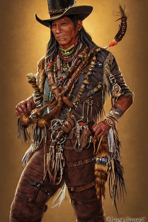 Image similar to deadlands character portrait of a thin native american indian man in his early 3 0 s, wearing traditional cargo buckskin jacket buckskin tactical toolbelt pockets bandolier full of trinket and baubles, steampunk arcane tribal shaman, weird west, by steve henderson, sandra chevrier, alex horley