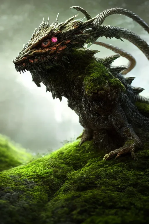 Image similar to a tiny mycelium moss dragon, dramatic lighting, cinematic, establishing shot, extremely high detail, foto realistic, cinematic lighting, post processed, concept art, high details, cinematic, 8k resolution, beautiful detailed, photorealistic, digital painting, artstation, concept art, smooth, sharp focus, artstation trending, octane render, unreal engine