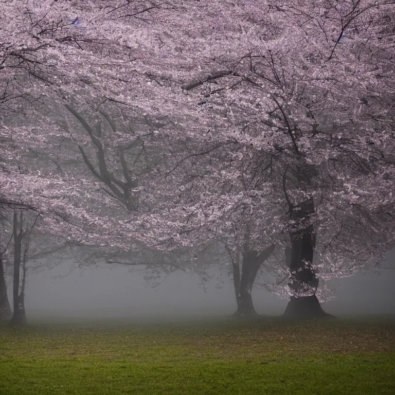 Prompt: a photograph of a white concrete cube sitting center frame in the middle of a cherry blossom forest, foggy, liminal