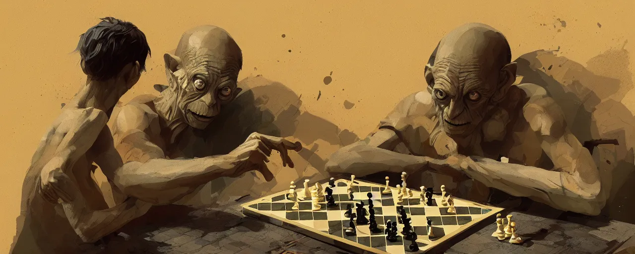 Prompt: duotone olive illustration 3 / 4 portrait of gollum playing chess composition accidental renaissance golden ratio. by sachin teng and sergey kolesov and ruan jia and heng z. graffiti art, scifi, fantasy, hyper detailed. octane render. concept art. trending on artstation