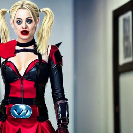 Image similar to A still of Kaley Cuoco as Harley Quinn