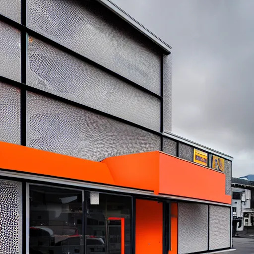 Prompt: Award winning shopfront, convenience store, dark grey, anthracite with bright red and orange accents, perforated metal, paint, laser cut textures, highly detailed, bright signage, vinyl on glazing, retaildesignblog.net, retail-focus.co.uk, trending, best of, 14mm architectural photography,