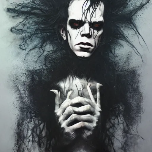 Prompt: gaunt ( the cure fan ) as dream from sandman, dim stars as eyes, portrait of nick cave, by jeremy mann, by cedric peyravernay, by ben templesmith, by dave mckean and richard avedon, dramatic lightning, sadness, dark eye sockets, in the shadows, punk rock, gothic, high detailed, 8 k