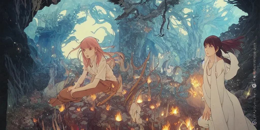 Image similar to the girl and the magic dragons cave. anime visual. torches, dark. by hayao miyazaki and rossdraws and artgerm and chie yoshii and detmold and greg rutkowski and alphonse mucha. anime production by studio ghibli. high quality, stunning, intricate detailed environment. 8 k