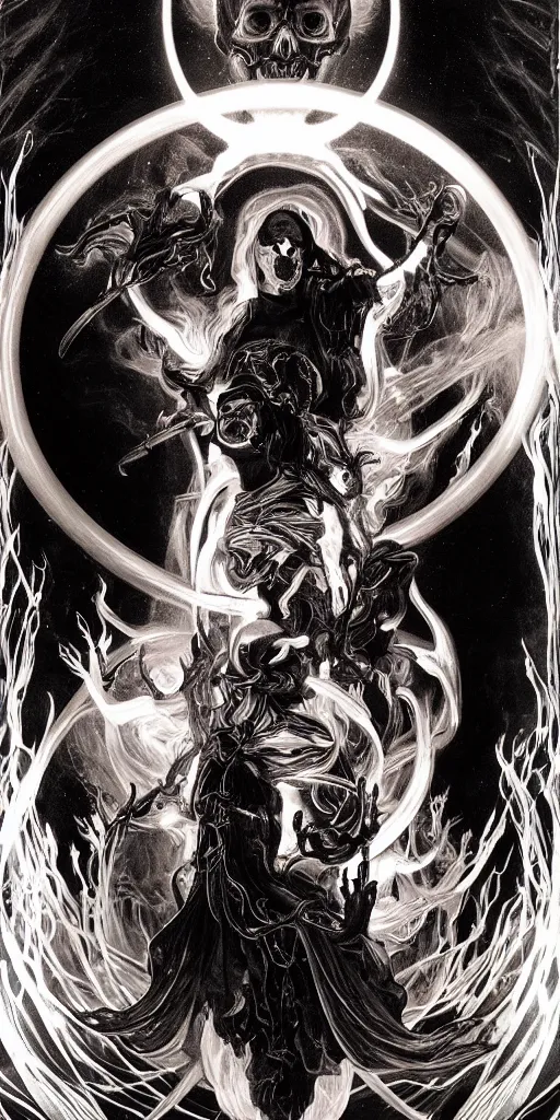 Image similar to intense glowing black metal pagan god with horn and intense black eyes with a skull on fire in very dark nebula by artgerm and alphonse mucha and beksinski, portrait, fantasy, clear, fire, light beams, lens flare, soft, uhd, amazing depth, cinematic lighting, black and red and white and yellow