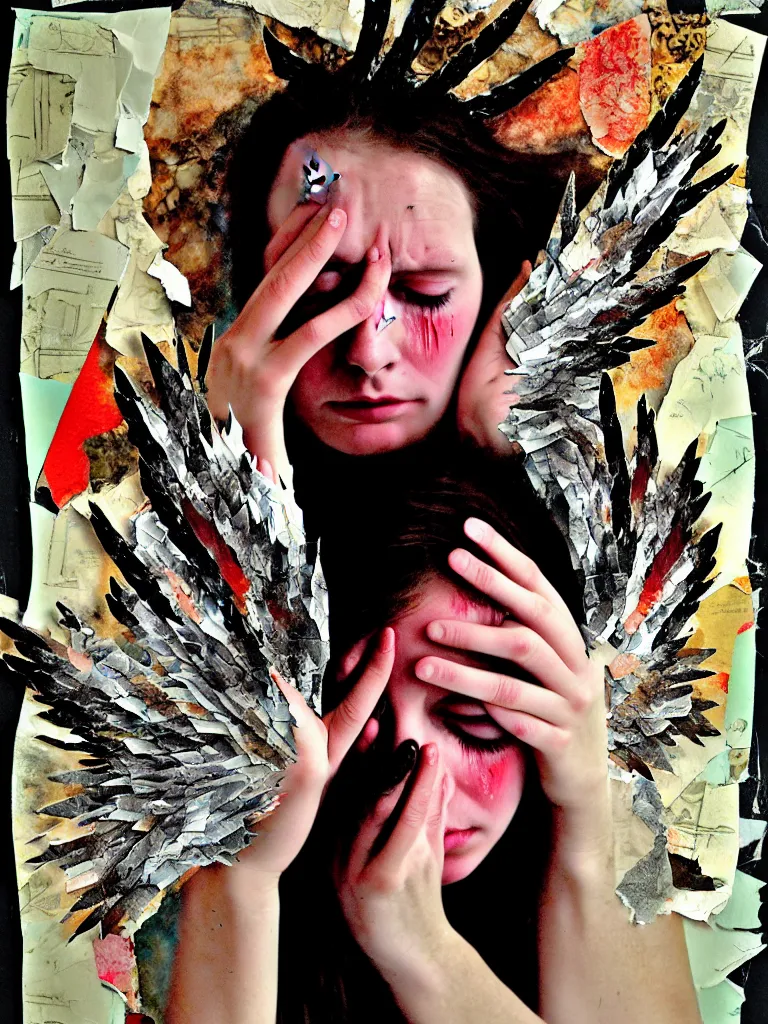 Prompt: a young adult angelgirl soft crying with lots of hands on her face and ratty feathered angel wings, stressed and burnt out, collage effect, collaged, torn paper, torn paper collage, overexposure, overexposed, high exposure