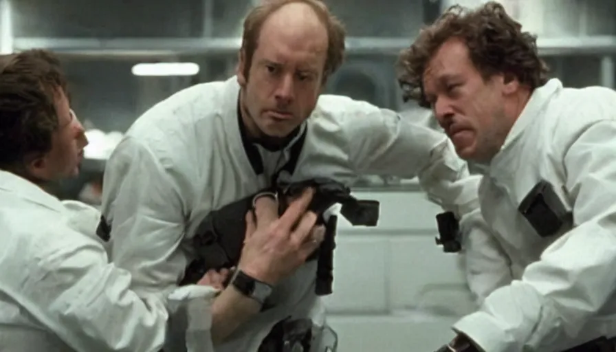 Image similar to Screenshot from a Ridley Scott film, it shows an android in a weapons lab strangling the scientist who created him.