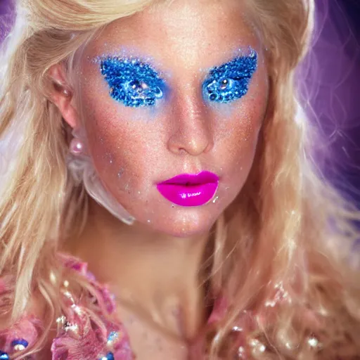 Image similar to close up headshot of a princess with long blonde hair and (blue) eyes wearing a strapless elaborately beaded pink dress, high resolution film still, 8k, HDR color, film by Simon Langton and David Frankel, triangular face, (freckles), round narrow chin, straight jawline, light pink lipstick