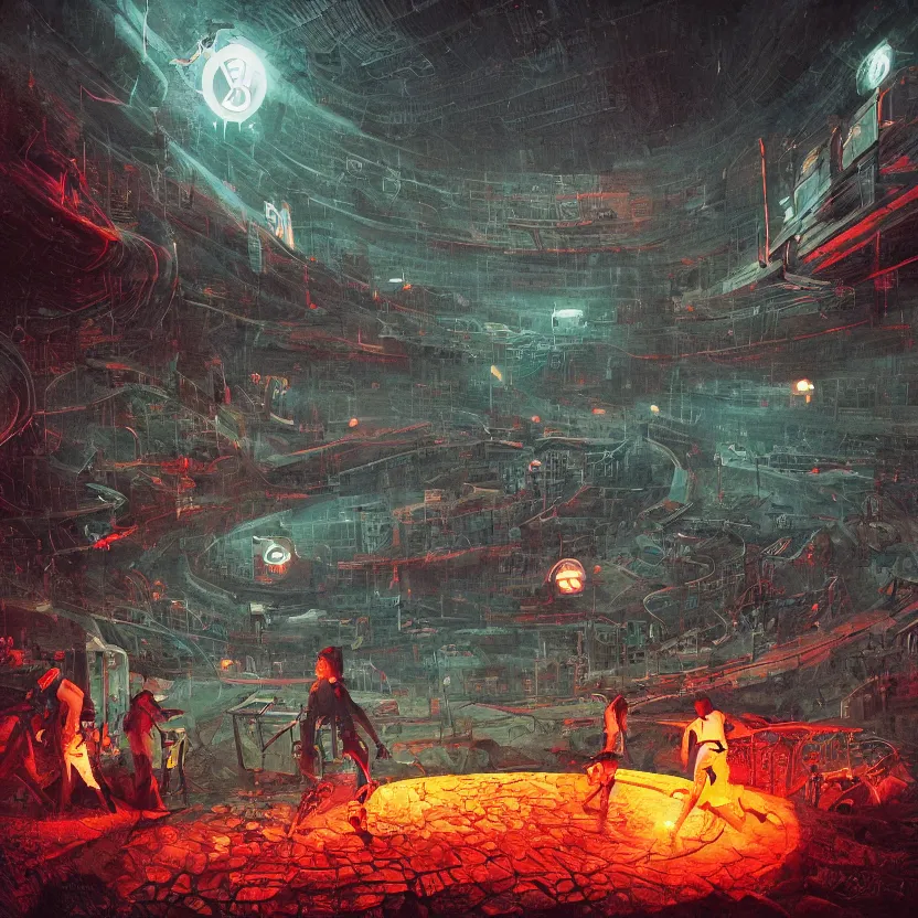 Image similar to megalithic monoliths with glowing runes emerge from a baseball field. highly detailed pulp sci - fi horror illustration art. rich colors, high contrast, gloomy atmosphere, dark background.