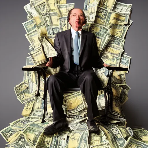 Prompt: a greedy man, sitting on a throne of money, studio photography, 3 5 mm lens, 8 k