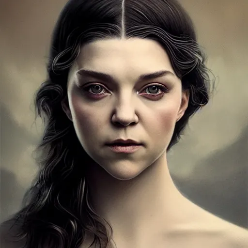 Prompt: tom bagshaw portrait, beautiful mix of natalie dormer and natalie portman in desert robes, black hair, professionally retouched, focus eyes, ultra realistic soft painting, insanely detailed linework, symmetrical accurate intricate features, behance, 8 k