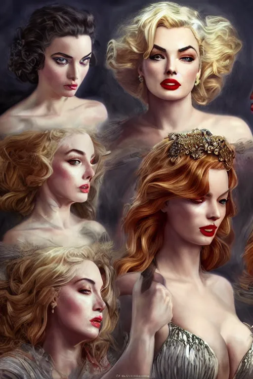 Image similar to ultra realistic illustration, a stunningly beautiful greek goddess of chaos played by marilyn monroe and christina hendricks and margot robbie and taylor swift and megan fox and emma stone and britney spears, intricate, elegant, highly detailed, digital painting, artstation, concept art, smooth, sharp focus, illustration, art by artgerm and greg rutkowski and alphonse mucha