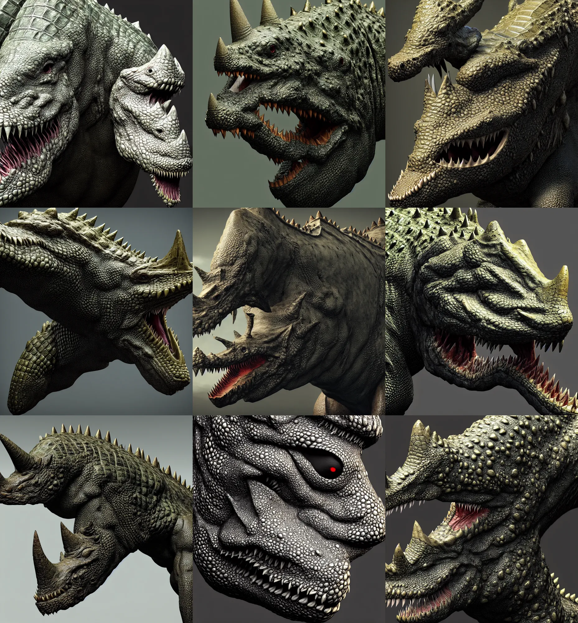 Prompt: fantasy creature setting 「 all : crocodile head : : 0. 5 the head has a symmetrical horn and tumor, and there is a rhino horn at the front of the beak, and the mouth is open to reveal a mouth full of fangs with huge wings, full body 」 rich detail realistic photoreal photorealistic octane render 8 k