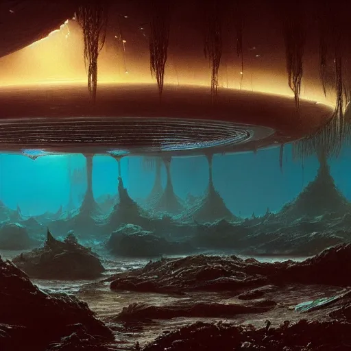 Image similar to a matte painting of alien underwater landscape of lush flora, remnants of old spaceship, alien creatures emerging, morning, by Giger and Ralph McQuarrie and Bruce Pennington, cinematic lighting, ambient light, hyperrealism, nvidia, octane render, 8k, iridescent accents, vray, deviantart