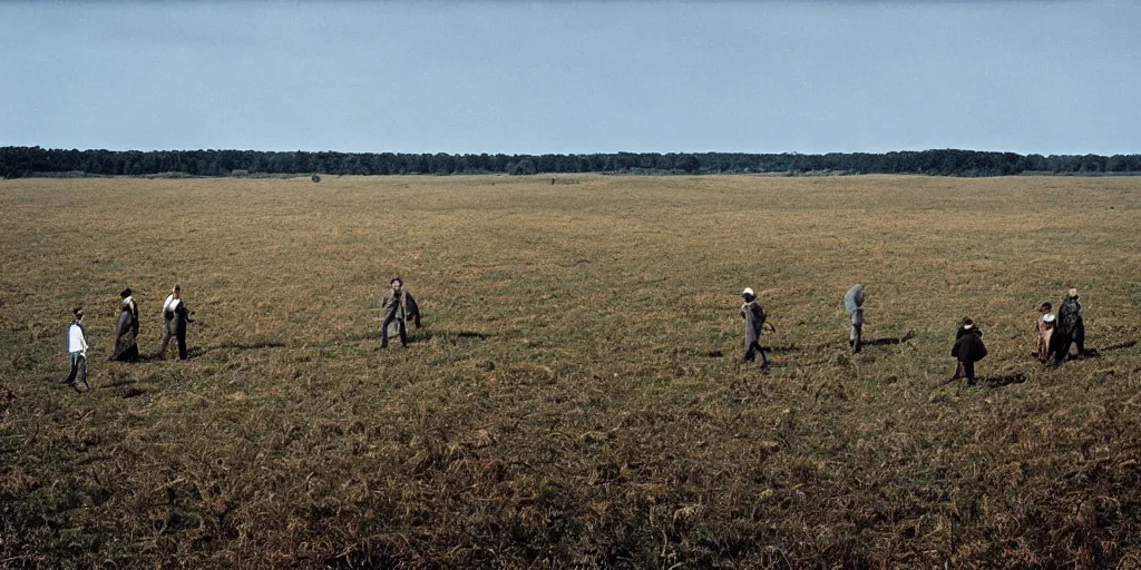 Image similar to the main cast of seinfeld in the distance in a wide open field, photograph by andrei tarkovsky