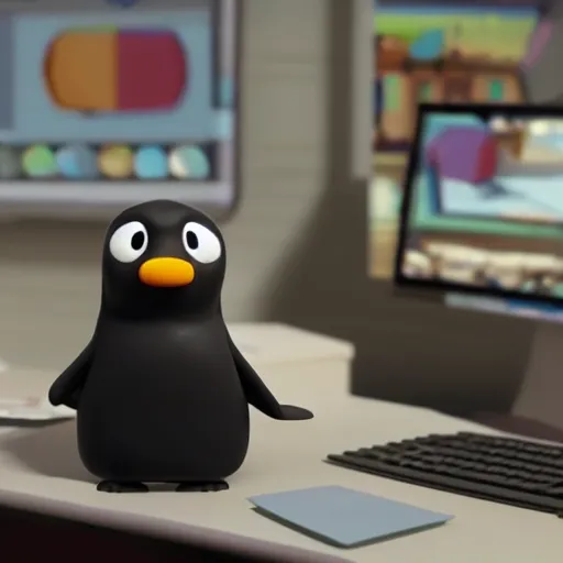 Image similar to pingu sitting behind a computer, bbc,, art, epic lighting, clay, claymation