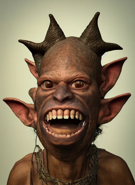 Image similar to closeup portrait of a medieval goblin smiling, depth of field, zeiss lens, detailed, symmetrical, centered, fashion photoshoot, by Annie Leibovitz and Steve McCurry, David Lazar, Jimmy Nelsson, Breathtaking, 8k resolution, extremely detailed, beautiful, establishing shot, artistic, hyperrealistic, beautiful face, octane render