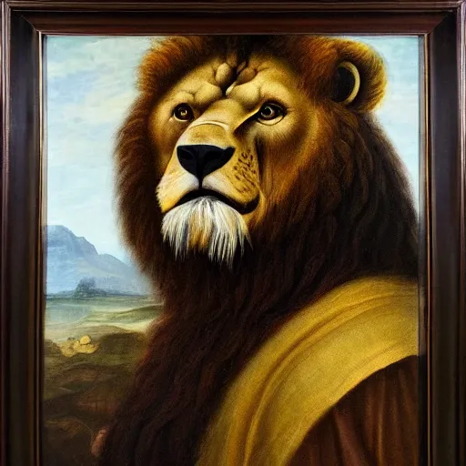 Prompt: a renaissance style portrait painting of lion Bear hybrid