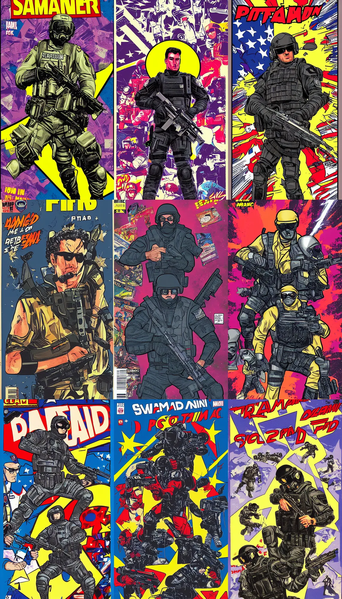 Prompt: comic book cover of Gérald Darmanin as a SWAT FBI CIA riot police force agent, vaporwave, dynamic composition, detailled, sharp focus, funky, comic book cover, masterpiece, by Stan Lee, pop art
