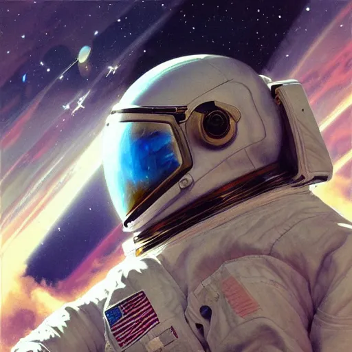 Image similar to a close up painting of an astronaut floating in space. his helmet visor is dark and reflective. you can see the reflection of the photographer in his helmet visor. by artgerm and greg rutkowski and alphonse mucha