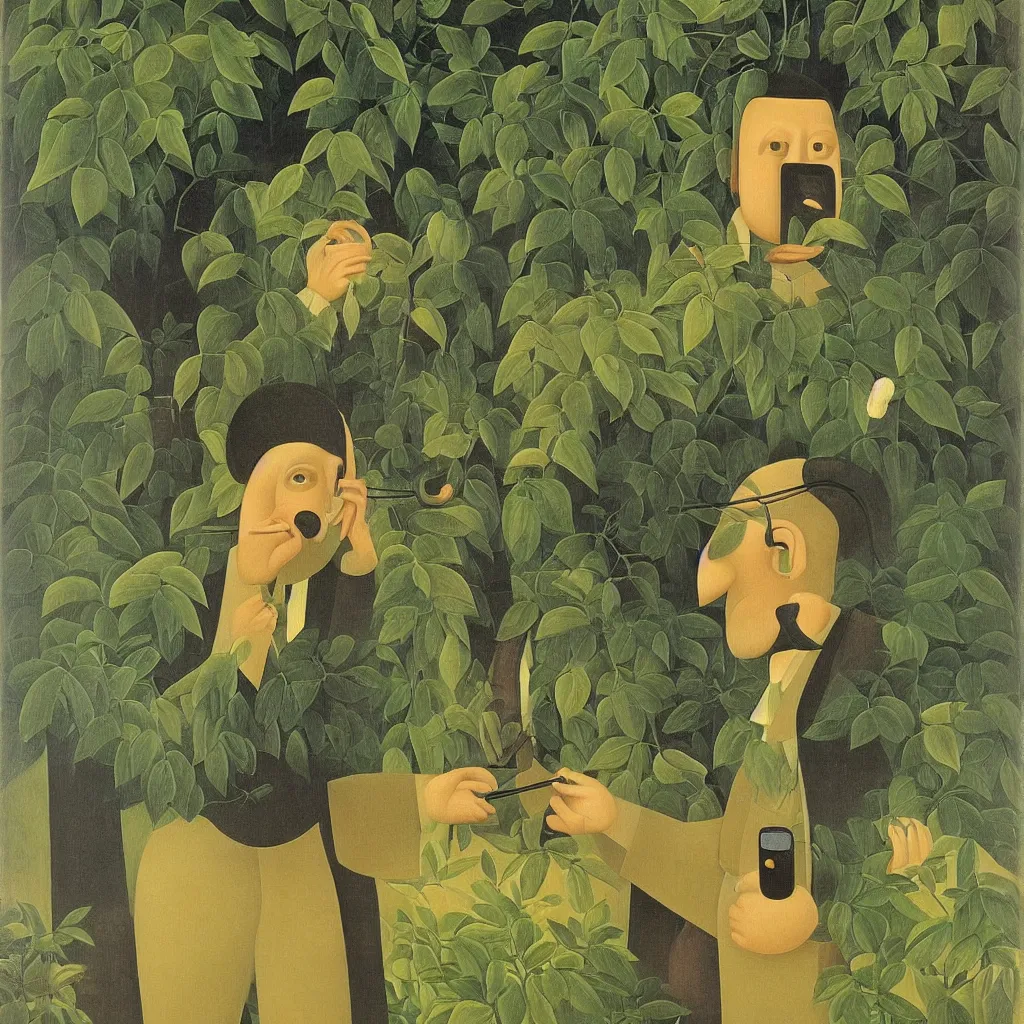 Prompt: i, a man wearing headphone and playing his iphone, by henri rousseau