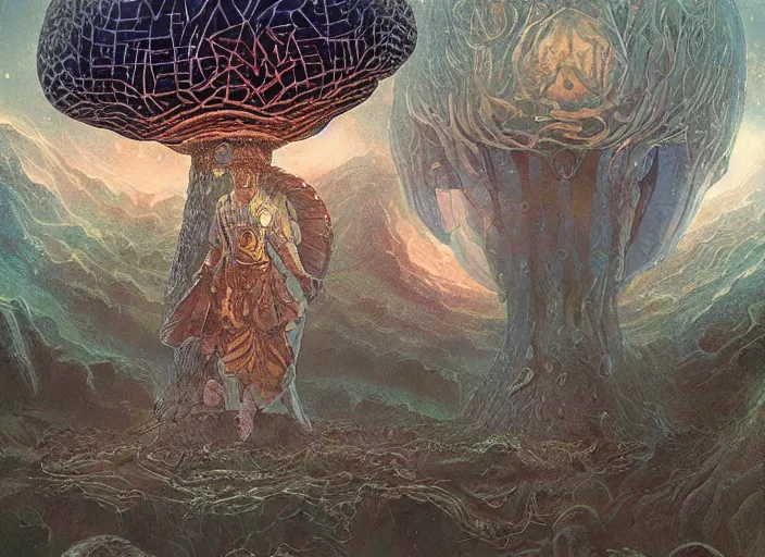 Image similar to mushroom deity inside void manifold, timeline nexus, ascending universes, a dnd illustration of philosophical concept by cgsociety and james gurney