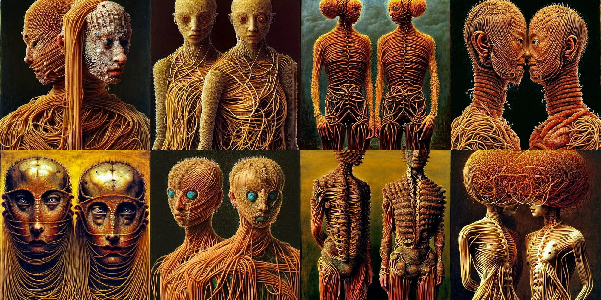 Image similar to siamese twins made of spaghetti, intricate armor made of spaghetti fractals, ancient warrior, samurai style, by giuseppe arcimboldo and ambrosius benson, renaissance, intricate and intense oil paint, a touch of beksinski, realistic