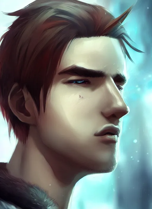 Image similar to detailed beautiful male character art of a protagonist, depth of field, on amino, by sakimichan patreon, wlop, high quality art on artstation.