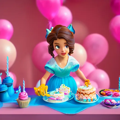 Image similar to a closeup photorealistic photograph of disney princess sophia at her birthday holding balloons and eating cake. brightly lit scene. this 4 k hd image is trending on artstation, featured on behance, well - rendered, extra crisp, features intricate detail, epic composition and the style of unreal engine.